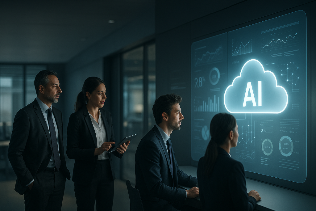 Applicazione con intelligenza artificiale per aziende visualizzata su dashboard cloud