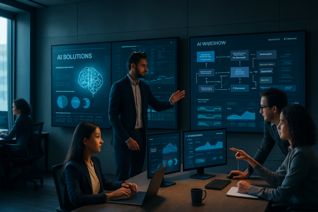 Azienda intelligenza artificiale al lavoro su dashboard, dati e automazione in ambiente tecnologico