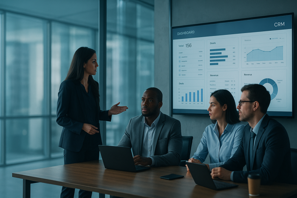 CRM online per aziende visualizzato su dashboard cloud con team commerciale al lavoro