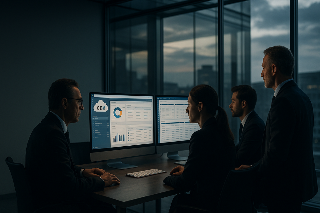 CRM system su misura in cloud visualizzato su dashboard aziendale con team commerciale al lavoro