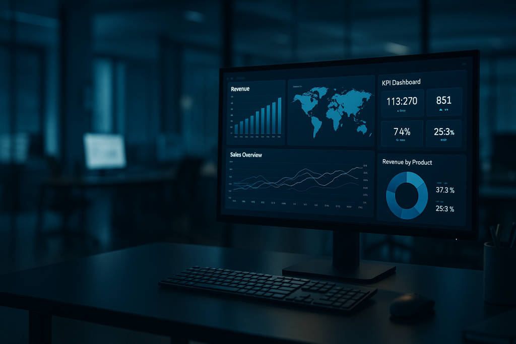 Dashboard aziendale con Google Data Studio su monitor in ufficio moderno
