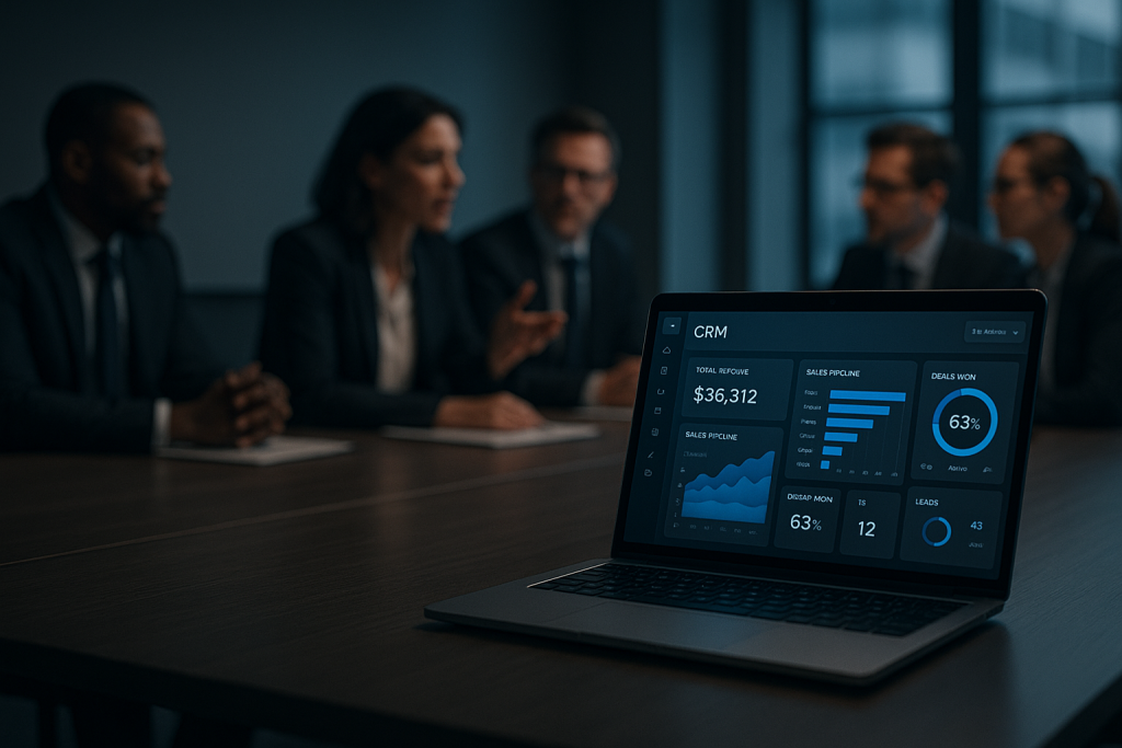 Dashboard CRM in cloud visualizzata su laptop durante una riunione aziendale