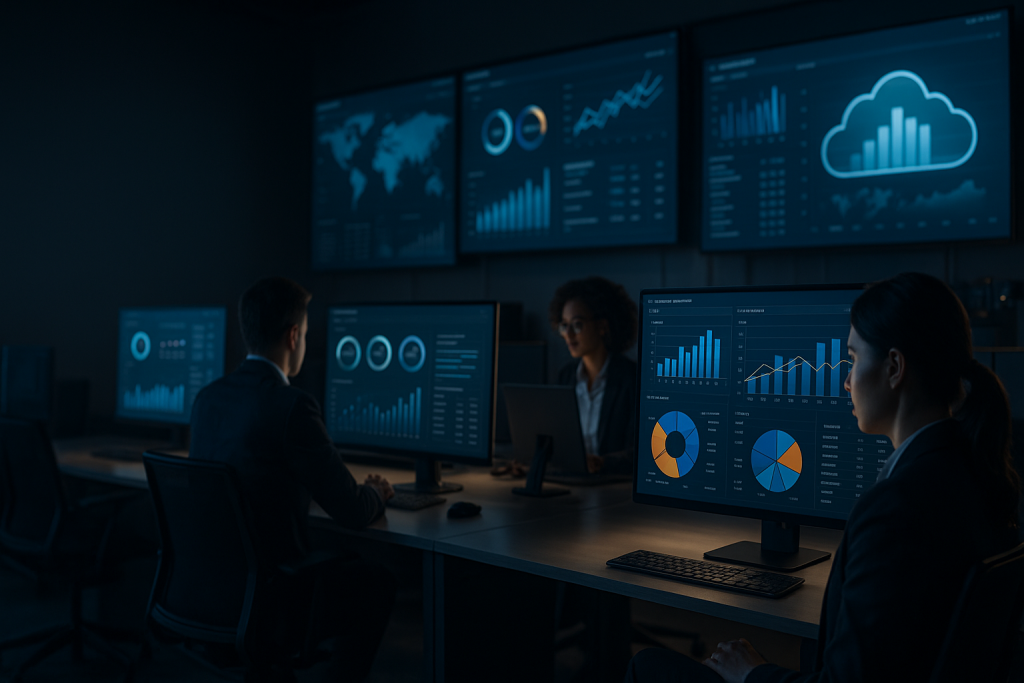Dashboard di analisi dati aziendale su schermi con grafici KPI e visualizzazioni in ambiente tecnologico