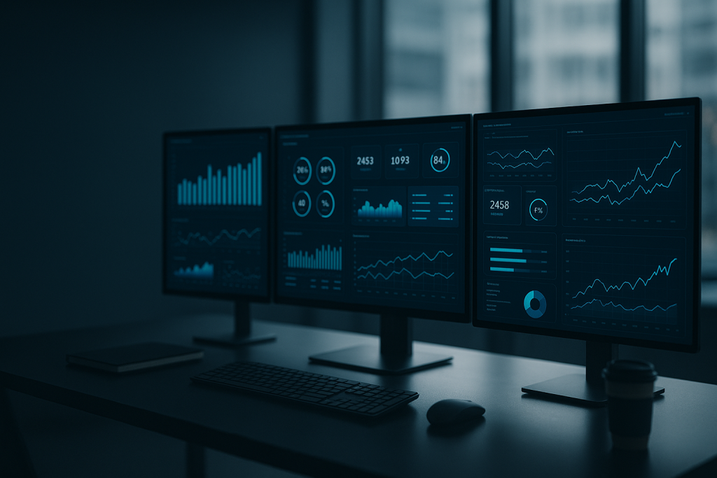 Dashboard di data visualization aziendale con grafici KPI su schermo in ambiente ufficio moderno