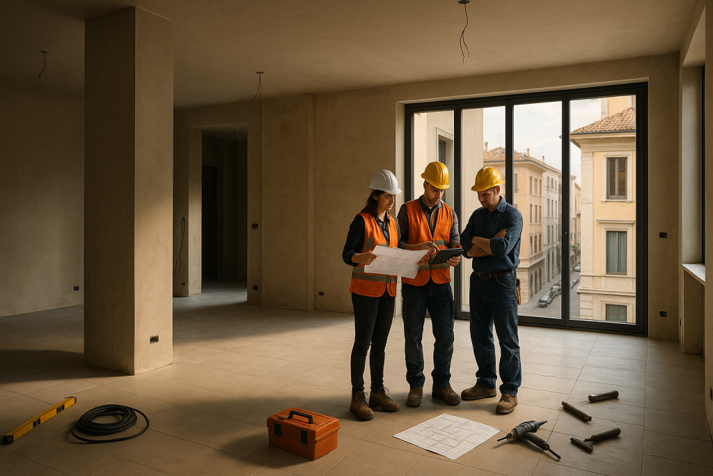 Impresa ristrutturazioni al lavoro in un cantiere interno moderno con tablet, planimetrie e coordinamento operativo