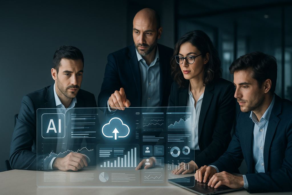 Intelligenza artificiale app per aziende con dashboard cloud e team al lavoro