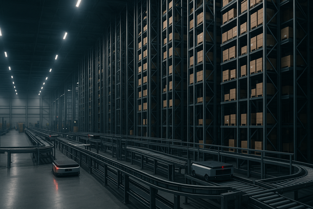 Magazzino automatico industriale con scaffalature verticali, movimentazione merci e controllo digitale dei flussi logistici