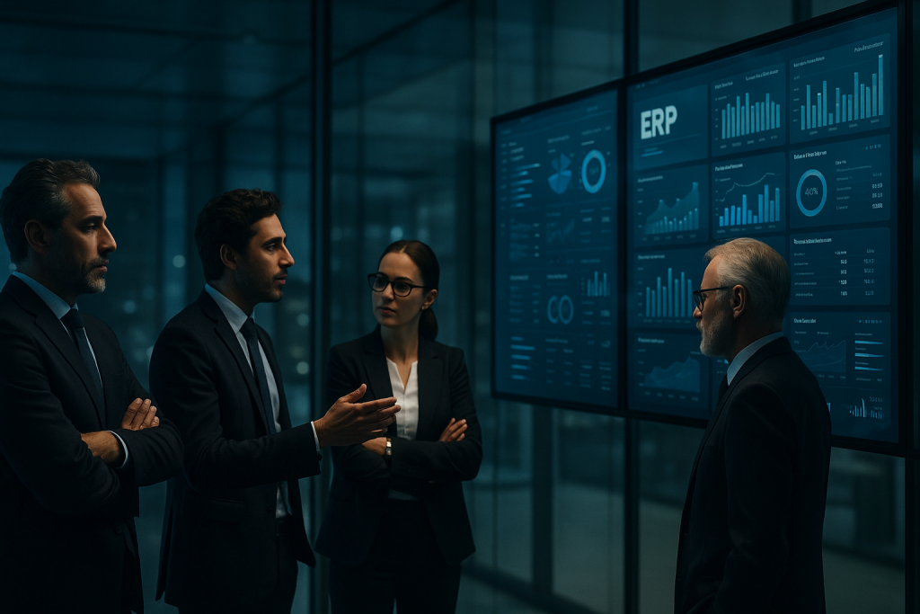 Manager aziendali analizzano dashboard e processi di un programma gestionale in ambiente ufficio moderno