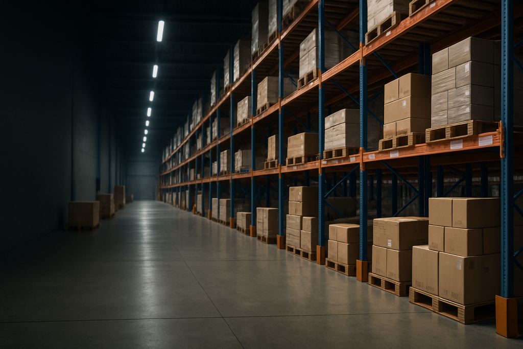 Scaffali magazzino industriali con corsie ordinate e gestione logistica moderna