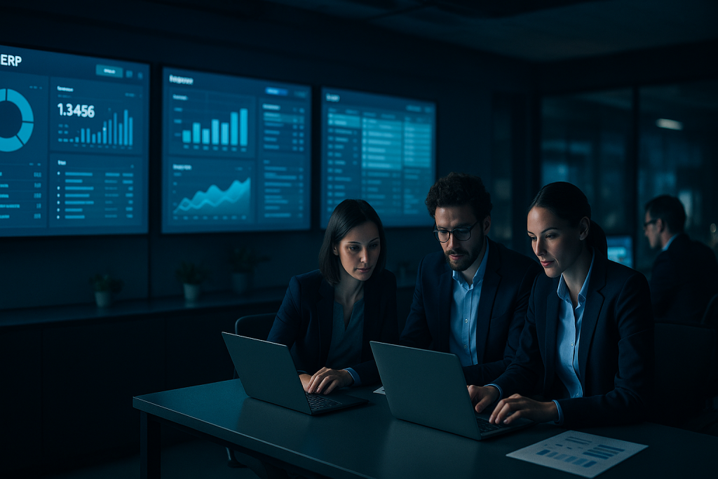 Sistemi ERP su dashboard aziendale in cloud con team al lavoro