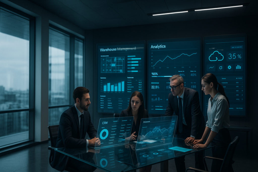 Software applicativi per aziende mostrati su dashboard digitali e processi operativi in cloud