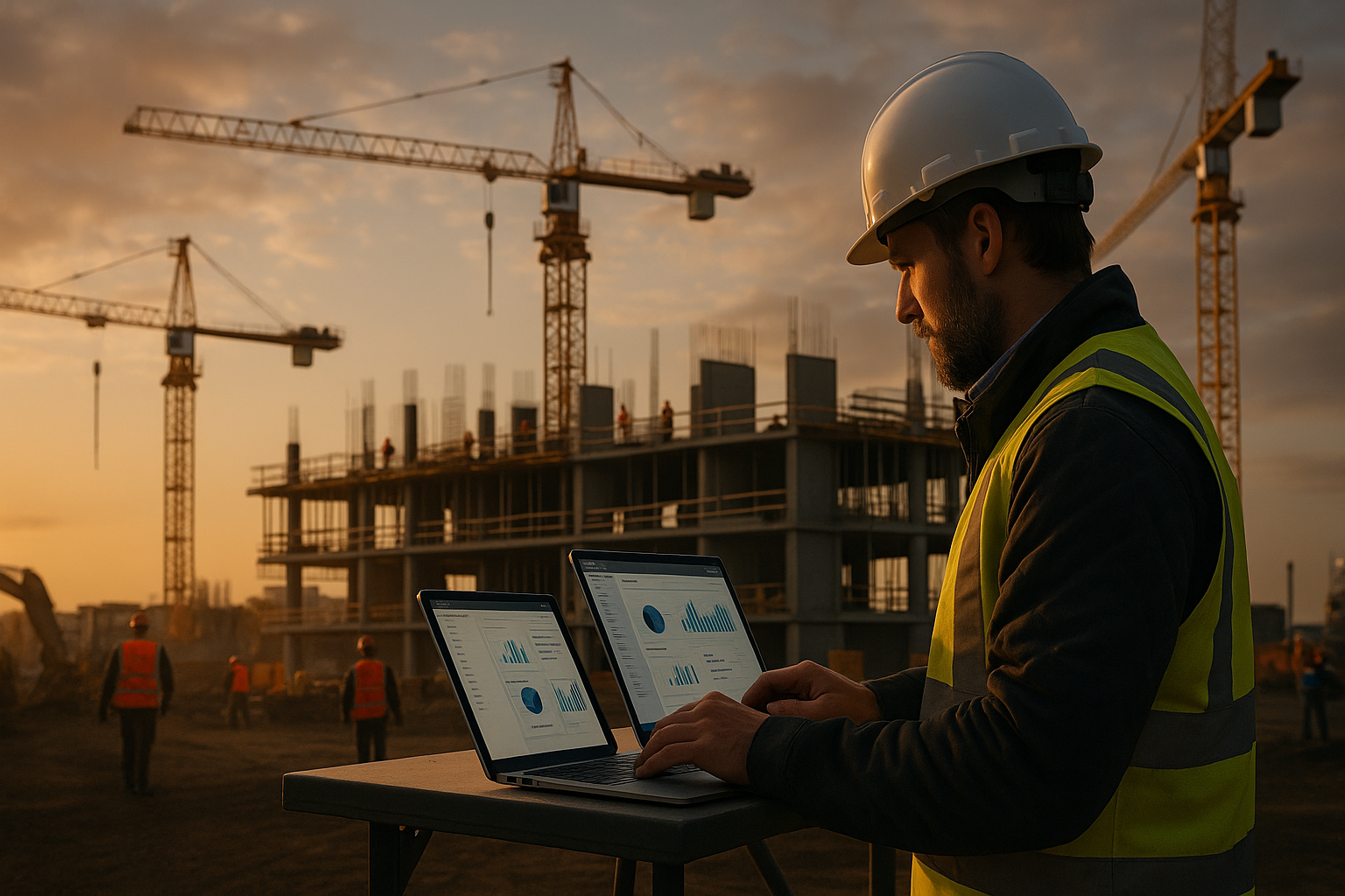 Software gestione cantieri visualizzato su tablet e laptop in un cantiere edile moderno