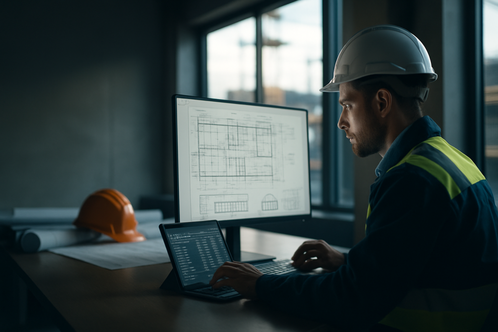 Tavole per edilizia digitali consultate su schermo in ufficio tecnico con progetto di cantiere