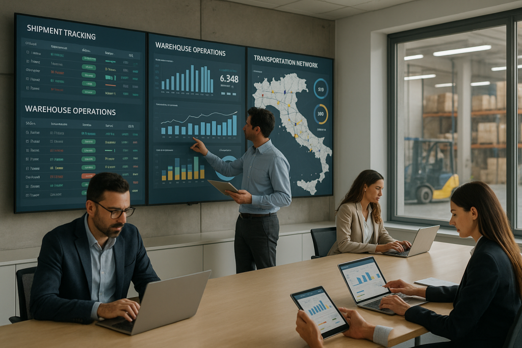 Team che monitora flussi e spedizioni per l'organizzazione logistica aziendale